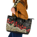 Collingwood Magpies ANZAC Day Leather Tote Bag Indigenous Dot Art with Poppy Flower Tribute