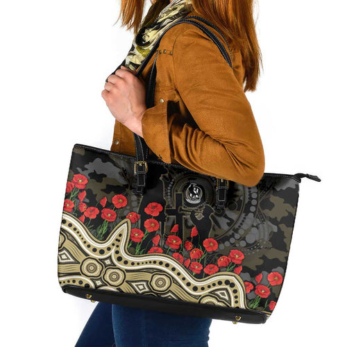 Collingwood Magpies ANZAC Day Leather Tote Bag Indigenous Dot Art with Poppy Flower Tribute