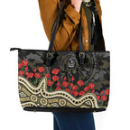 Collingwood Magpies ANZAC Day Leather Tote Bag Indigenous Dot Art with Poppy Flower Tribute