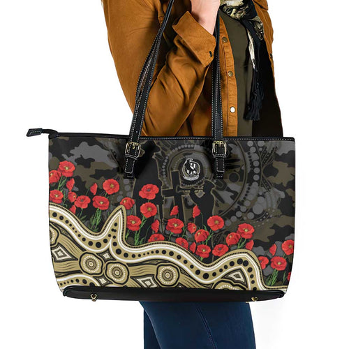 Collingwood Magpies ANZAC Day Leather Tote Bag Indigenous Dot Art with Poppy Flower Tribute