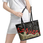 Collingwood Magpies ANZAC Day Leather Tote Bag Indigenous Dot Art with Poppy Flower Tribute
