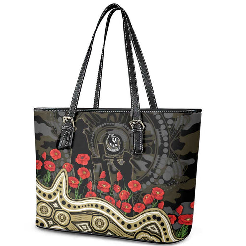 Collingwood Magpies ANZAC Day Leather Tote Bag Indigenous Dot Art with Poppy Flower Tribute