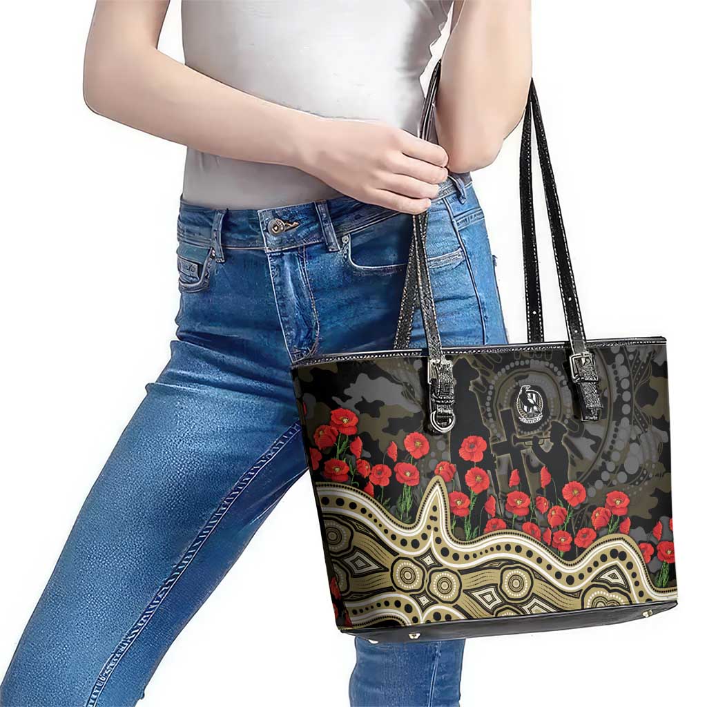 Collingwood Magpies ANZAC Day Leather Tote Bag Indigenous Dot Art with Poppy Flower Tribute