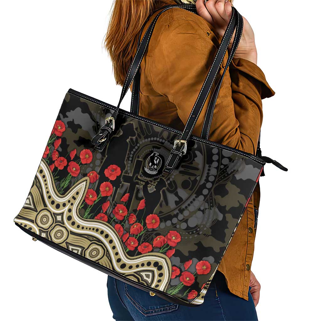 Collingwood Magpies ANZAC Day Leather Tote Bag Indigenous Dot Art with Poppy Flower Tribute