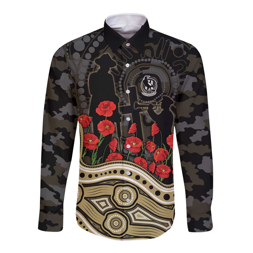 Collingwood Magpies ANZAC Day Long Sleeve Button Shirt Indigenous Dot Art with Poppy Flower Tribute
