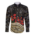 Collingwood Magpies ANZAC Day Long Sleeve Button Shirt Indigenous Dot Art with Poppy Flower Tribute