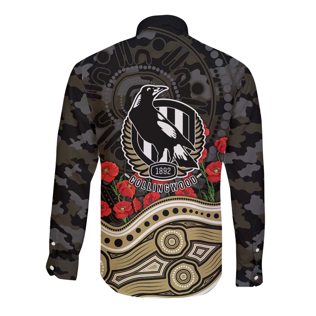 Collingwood Magpies ANZAC Day Long Sleeve Button Shirt Indigenous Dot Art with Poppy Flower Tribute