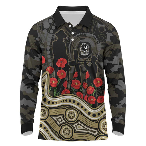Collingwood Magpies ANZAC Day Long Sleeve Polo Shirt Indigenous Dot Art with Poppy Flower Tribute