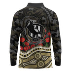Collingwood Magpies ANZAC Day Long Sleeve Polo Shirt Indigenous Dot Art with Poppy Flower Tribute