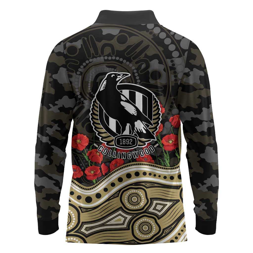 Collingwood Magpies ANZAC Day Long Sleeve Polo Shirt Indigenous Dot Art with Poppy Flower Tribute