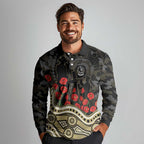 Collingwood Magpies ANZAC Day Long Sleeve Polo Shirt Indigenous Dot Art with Poppy Flower Tribute