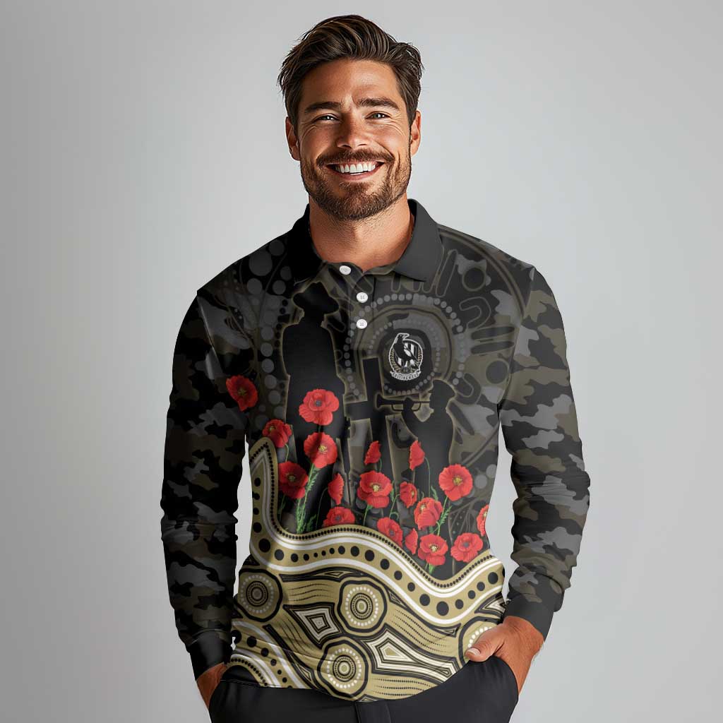 Collingwood Magpies ANZAC Day Long Sleeve Polo Shirt Indigenous Dot Art with Poppy Flower Tribute