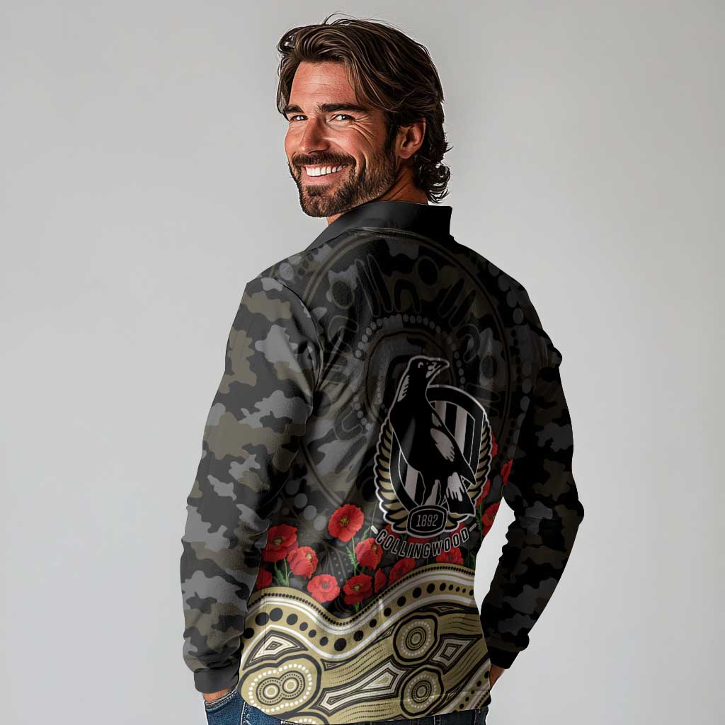 Collingwood Magpies ANZAC Day Long Sleeve Polo Shirt Indigenous Dot Art with Poppy Flower Tribute