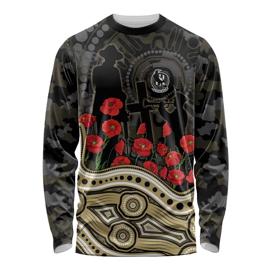 Collingwood Magpies ANZAC Day Long Sleeve Shirt Indigenous Dot Art with Poppy Flower Tribute