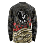 Collingwood Magpies ANZAC Day Long Sleeve Shirt Indigenous Dot Art with Poppy Flower Tribute