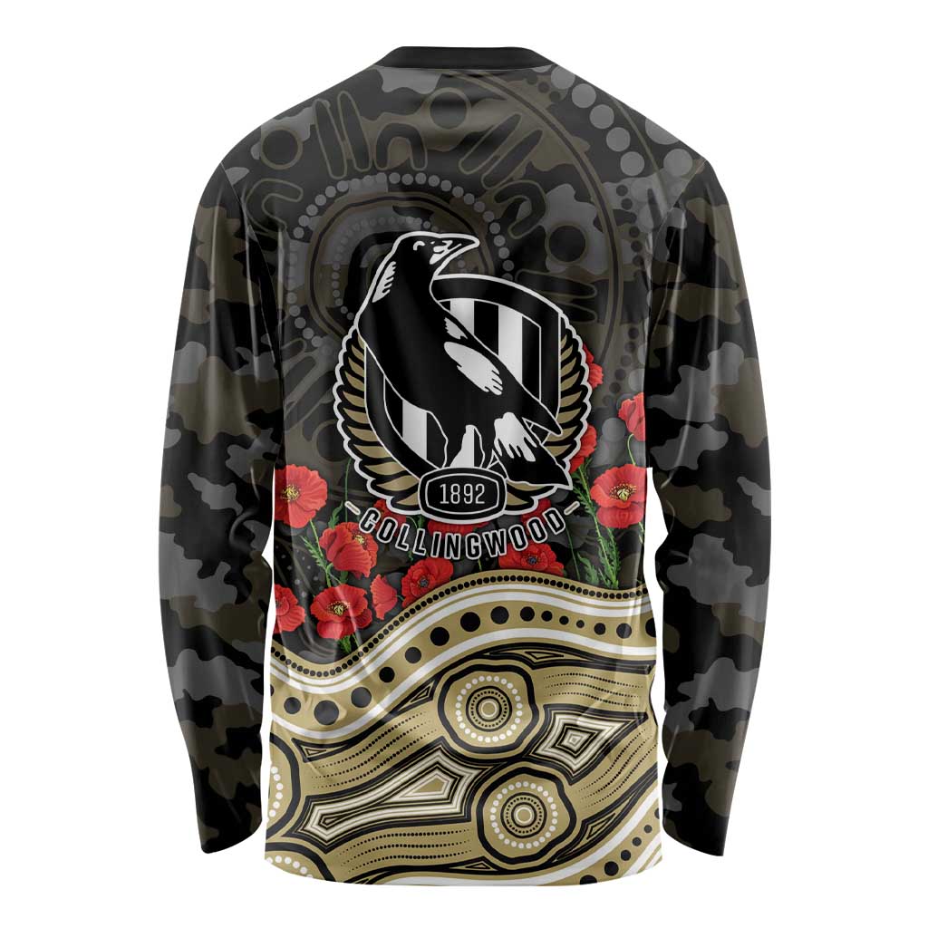 Collingwood Magpies ANZAC Day Long Sleeve Shirt Indigenous Dot Art with Poppy Flower Tribute