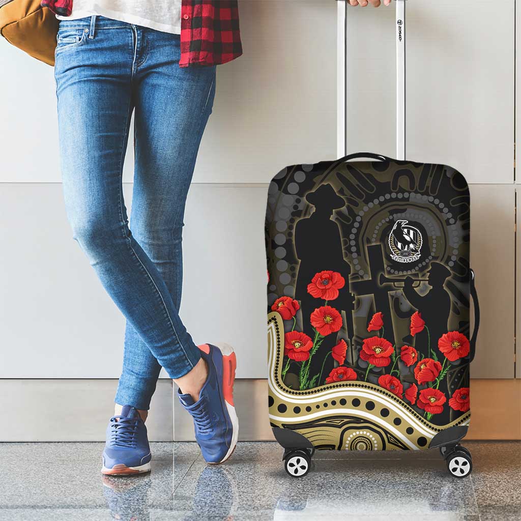 Collingwood Magpies ANZAC Day Luggage Cover Indigenous Dot Art with Poppy Flower Tribute