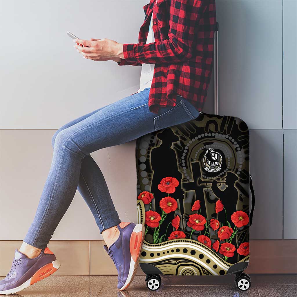 Collingwood Magpies ANZAC Day Luggage Cover Indigenous Dot Art with Poppy Flower Tribute