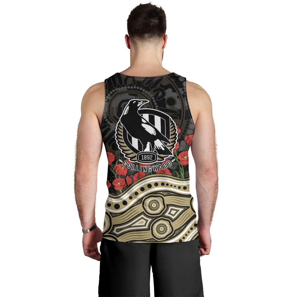 Collingwood Magpies ANZAC Day Men Tank Top Indigenous Dot Art with Poppy Flower Tribute