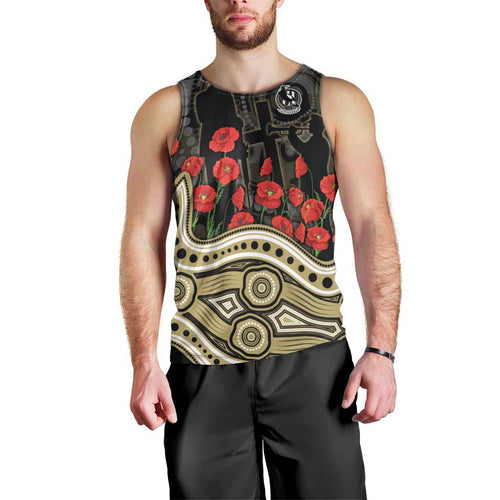 Collingwood Magpies ANZAC Day Men Tank Top Indigenous Dot Art with Poppy Flower Tribute