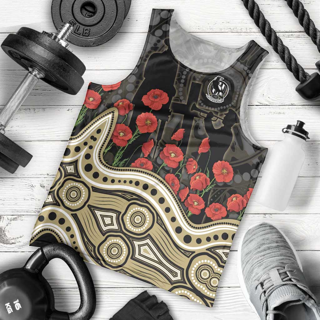 Collingwood Magpies ANZAC Day Men Tank Top Indigenous Dot Art with Poppy Flower Tribute