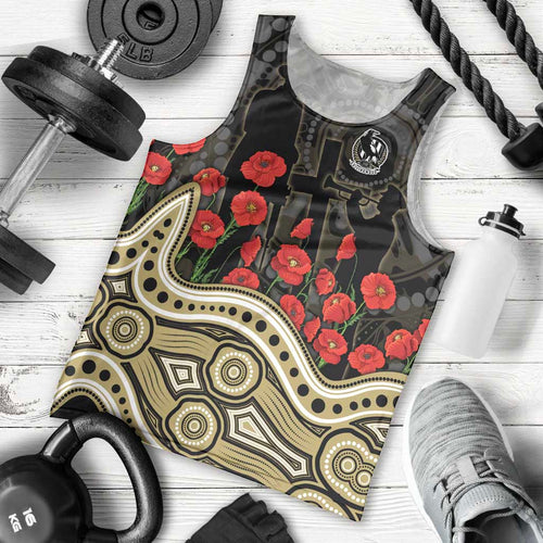 Collingwood Magpies ANZAC Day Men Tank Top Indigenous Dot Art with Poppy Flower Tribute