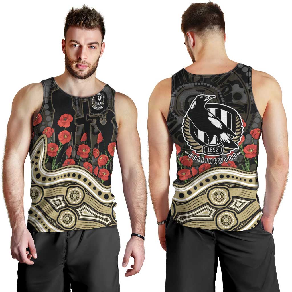 Collingwood Magpies ANZAC Day Men Tank Top Indigenous Dot Art with Poppy Flower Tribute