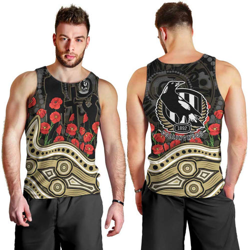 Collingwood Magpies ANZAC Day Men Tank Top Indigenous Dot Art with Poppy Flower Tribute
