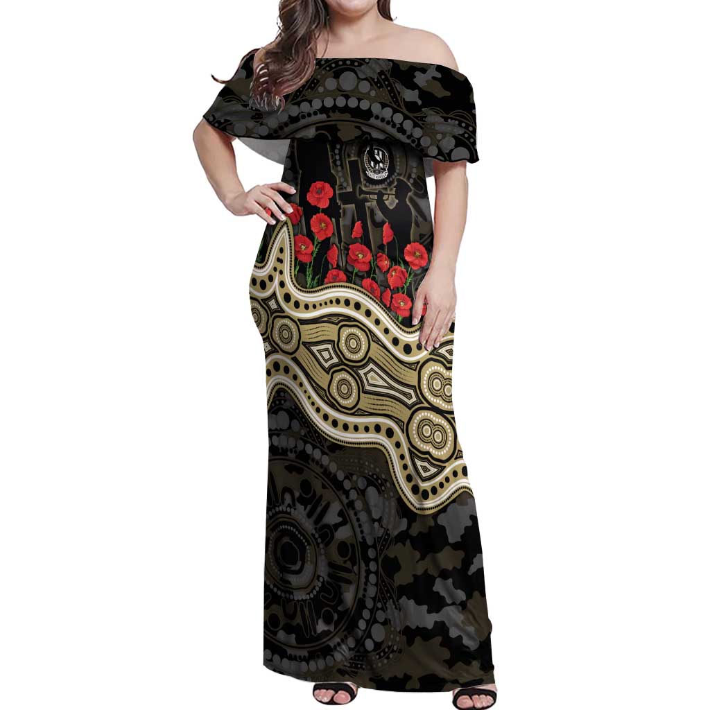 Collingwood Magpies ANZAC Day Off Shoulder Maxi Dress Indigenous Dot Art with Poppy Flower Tribute