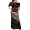 Collingwood Magpies ANZAC Day Off Shoulder Maxi Dress Indigenous Dot Art with Poppy Flower Tribute