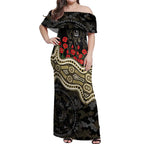 Collingwood Magpies ANZAC Day Off Shoulder Maxi Dress Indigenous Dot Art with Poppy Flower Tribute