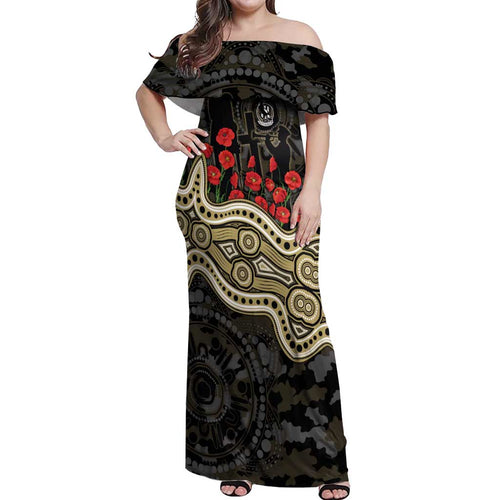 Collingwood Magpies ANZAC Day Off Shoulder Maxi Dress Indigenous Dot Art with Poppy Flower Tribute