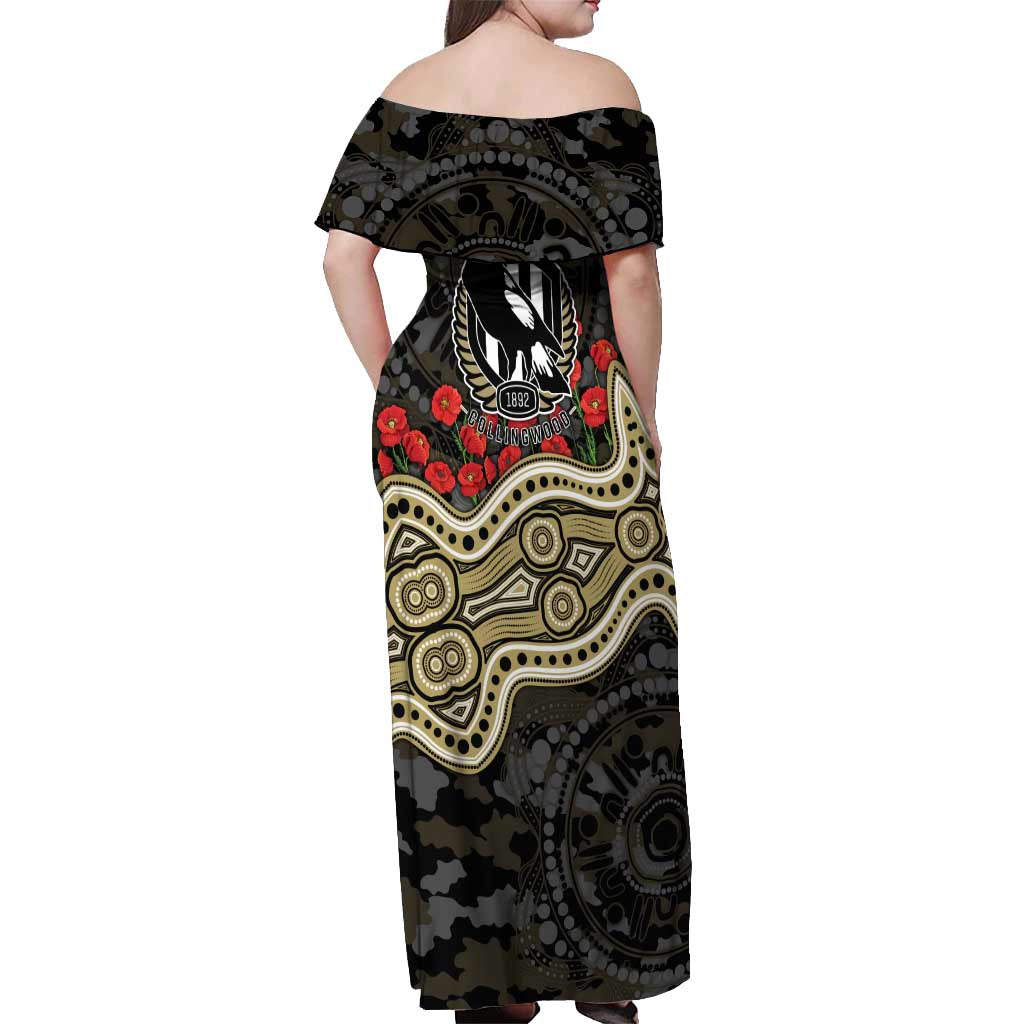 Collingwood Magpies ANZAC Day Off Shoulder Maxi Dress Indigenous Dot Art with Poppy Flower Tribute
