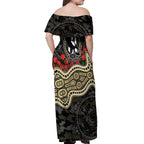 Collingwood Magpies ANZAC Day Off Shoulder Maxi Dress Indigenous Dot Art with Poppy Flower Tribute