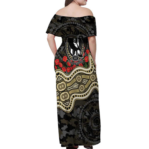 Collingwood Magpies ANZAC Day Off Shoulder Maxi Dress Indigenous Dot Art with Poppy Flower Tribute