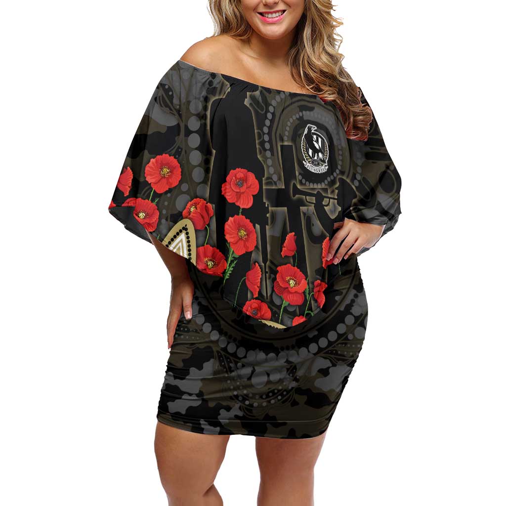 Collingwood Magpies ANZAC Day Off Shoulder Short Dress Indigenous Dot Art with Poppy Flower Tribute