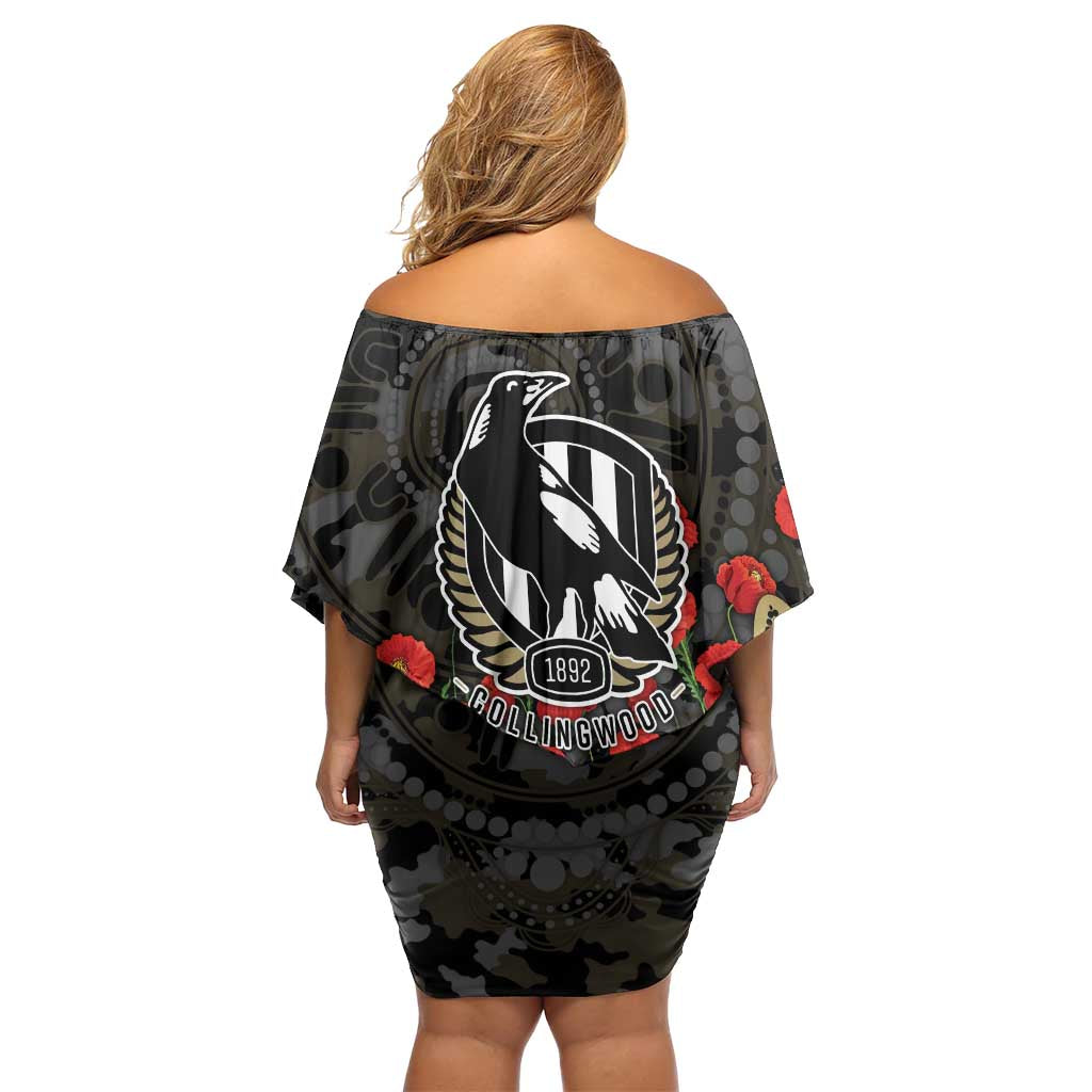 Collingwood Magpies ANZAC Day Off Shoulder Short Dress Indigenous Dot Art with Poppy Flower Tribute