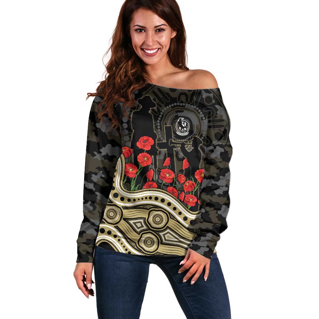 Collingwood Magpies ANZAC Day Off Shoulder Sweater Indigenous Dot Art with Poppy Flower Tribute