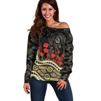 Collingwood Magpies ANZAC Day Off Shoulder Sweater Indigenous Dot Art with Poppy Flower Tribute