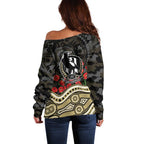 Collingwood Magpies ANZAC Day Off Shoulder Sweater Indigenous Dot Art with Poppy Flower Tribute