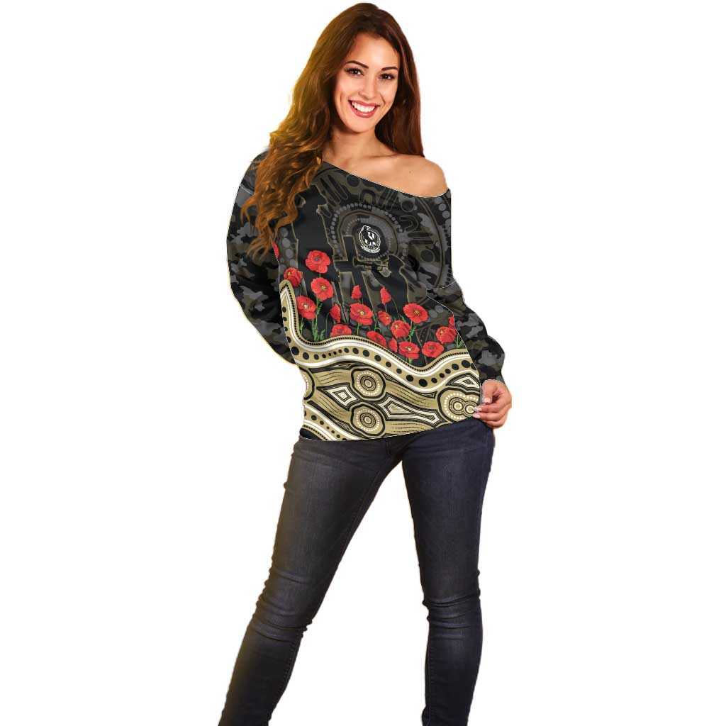 Collingwood Magpies ANZAC Day Off Shoulder Sweater Indigenous Dot Art with Poppy Flower Tribute
