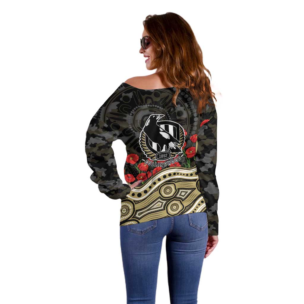Collingwood Magpies ANZAC Day Off Shoulder Sweater Indigenous Dot Art with Poppy Flower Tribute