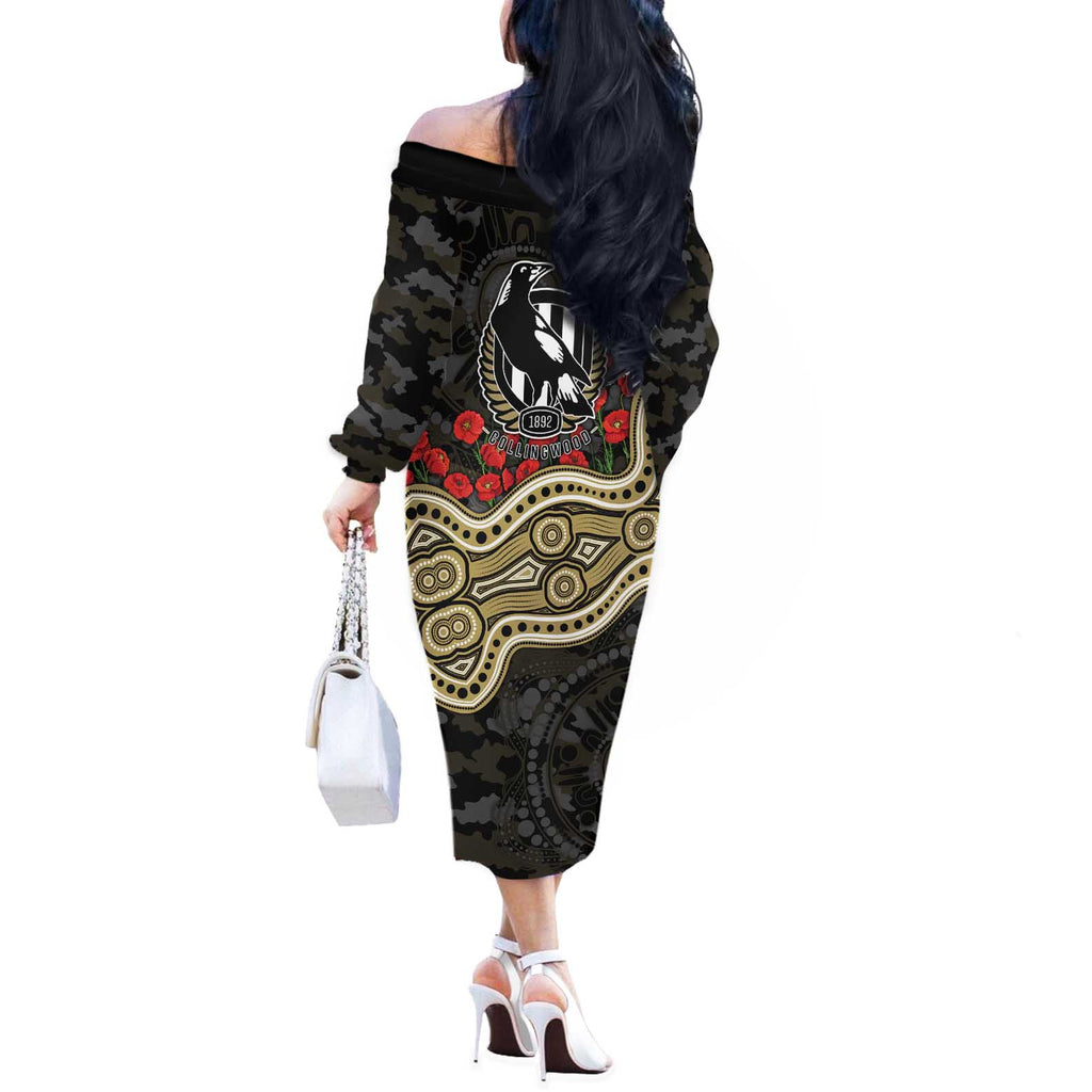 Collingwood Magpies ANZAC Day Off The Shoulder Long Sleeve Dress Indigenous Dot Art with Poppy Flower Tribute