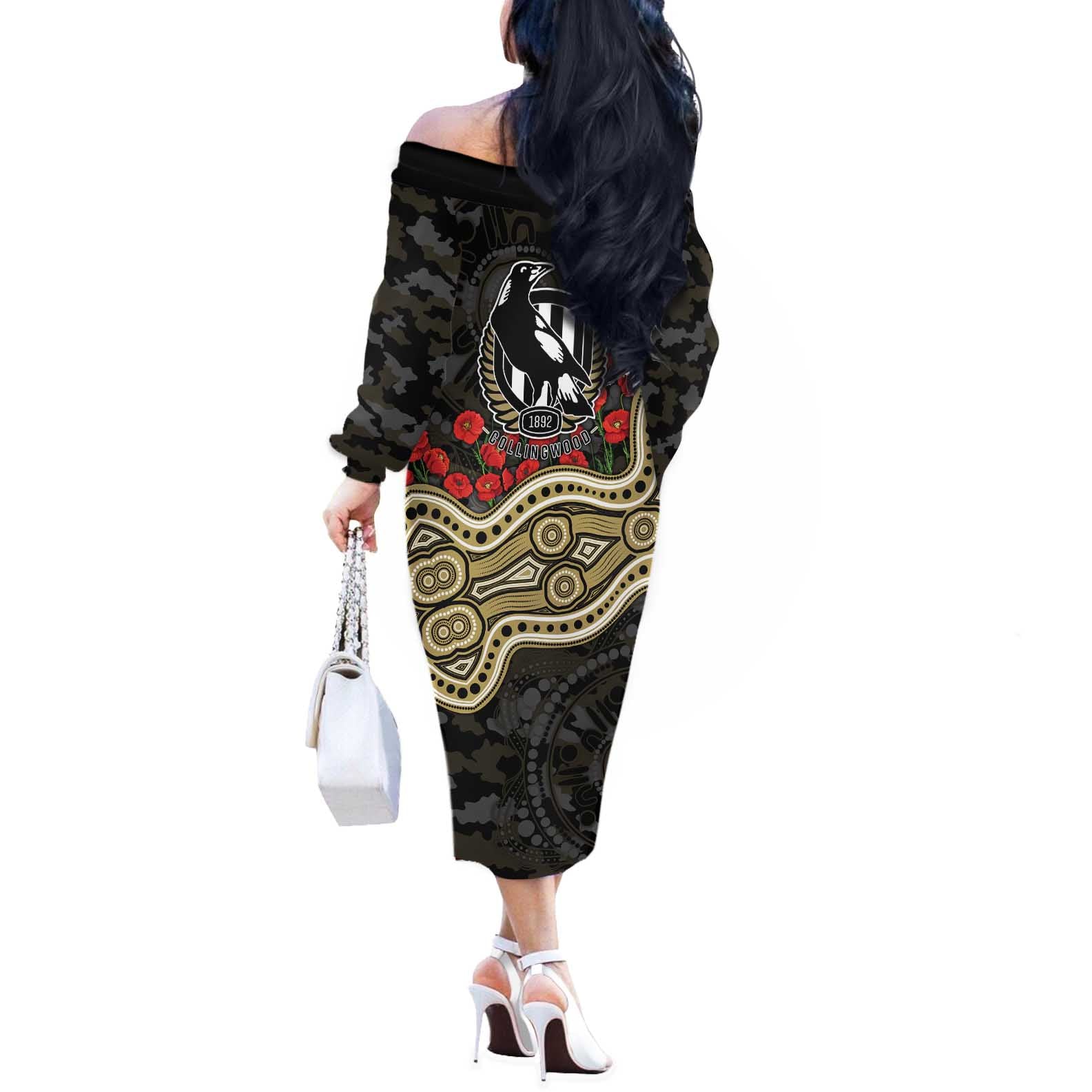 Collingwood Magpies ANZAC Day Off The Shoulder Long Sleeve Dress Indigenous Dot Art with Poppy Flower Tribute