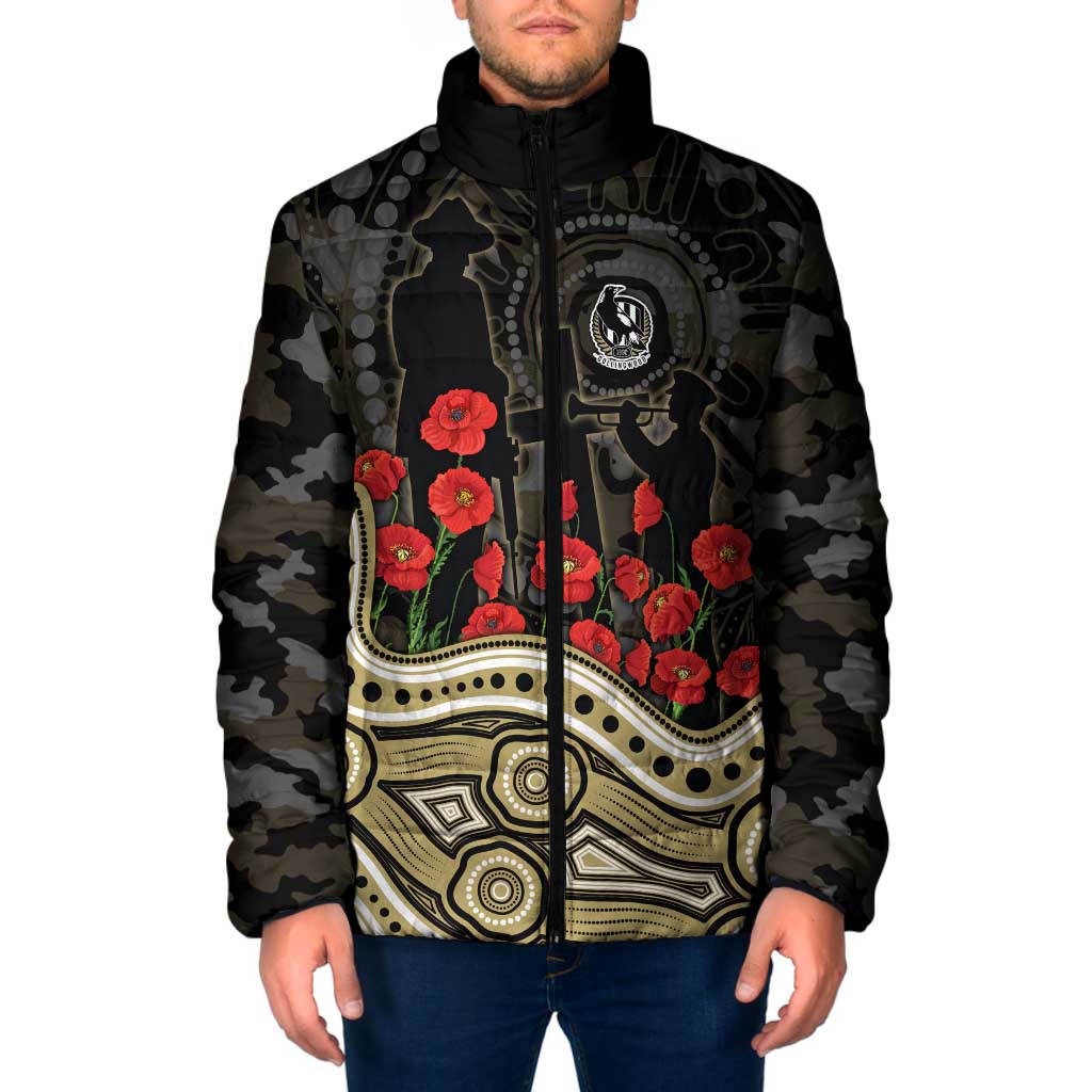 Collingwood Magpies ANZAC Day Padded Jacket Indigenous Dot Art with Poppy Flower Tribute