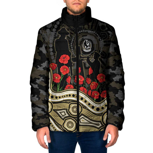 Collingwood Magpies ANZAC Day Padded Jacket Indigenous Dot Art with Poppy Flower Tribute