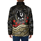 Collingwood Magpies ANZAC Day Padded Jacket Indigenous Dot Art with Poppy Flower Tribute