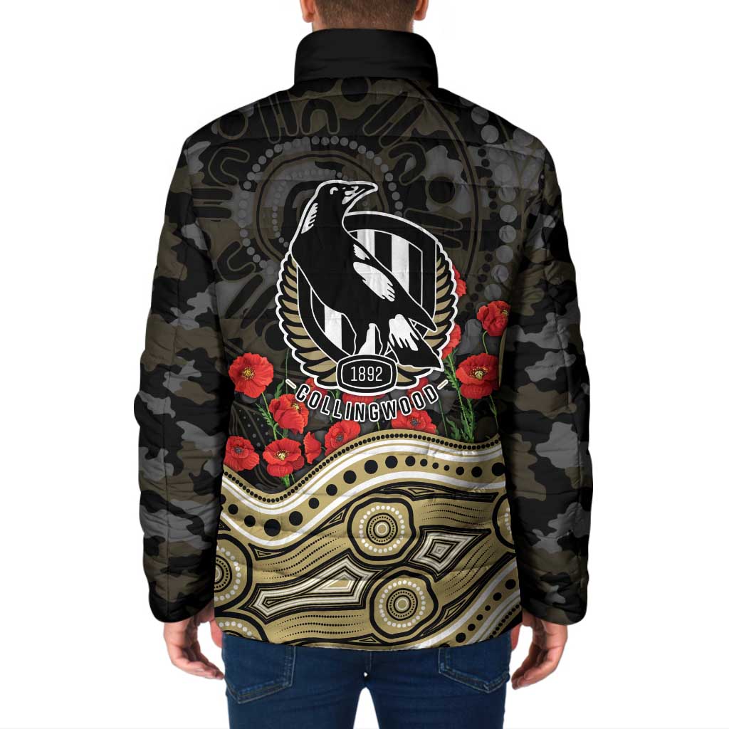 Collingwood Magpies ANZAC Day Padded Jacket Indigenous Dot Art with Poppy Flower Tribute