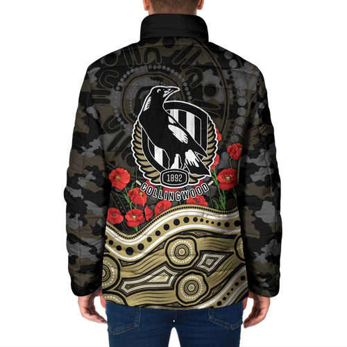 Collingwood Magpies ANZAC Day Padded Jacket Indigenous Dot Art with Poppy Flower Tribute