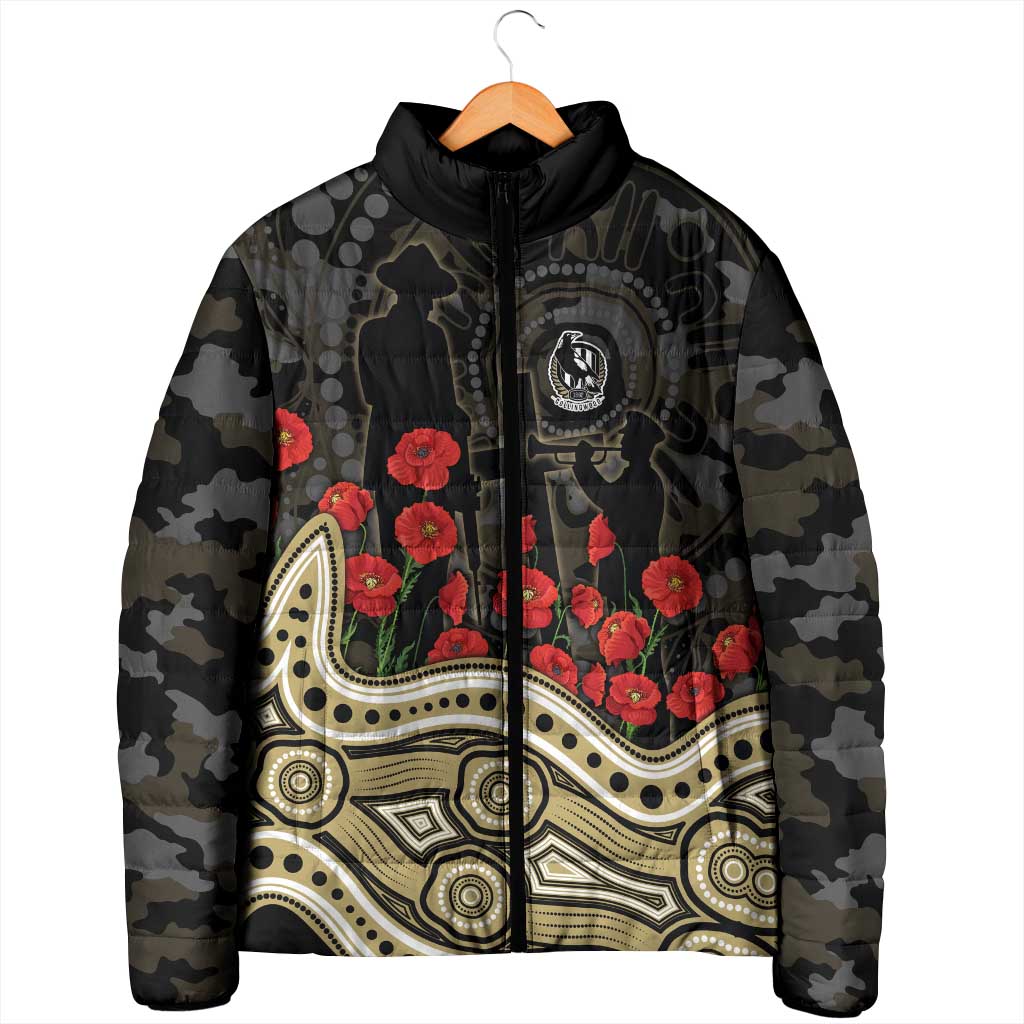 Collingwood Magpies ANZAC Day Padded Jacket Indigenous Dot Art with Poppy Flower Tribute